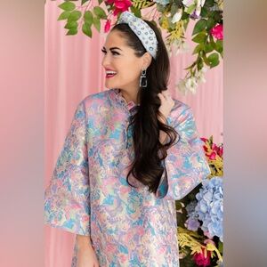 Brianna Cannon Caftan Dress in Pink & Blue Brocade- Butterfly Dreams